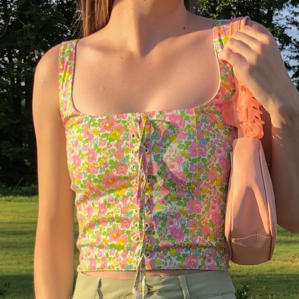 With Jean Victoria Corset in Floral Pansies Pink Green Size XS - Picture 9 of 9